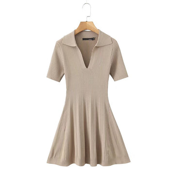 Rib-Knit Short Sleeve Polo Mini Dress with V-Neckline