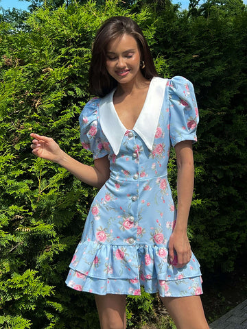 Vintage Floral Puff-Sleeve Mini Dress