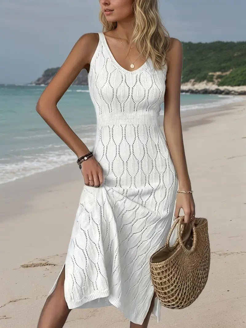 Amalfi Coast Pointelle Crochet Midi Dress – Ivory White
