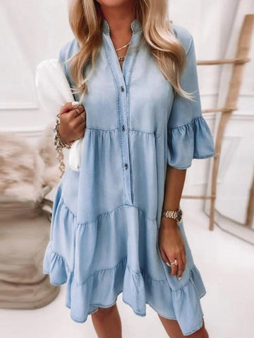 Chambray Tiered Baby doll Dress with Flutter Sleeves
