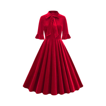 Vintage-Inspired Scarlet Velvet Bow-Neck Midi Dress