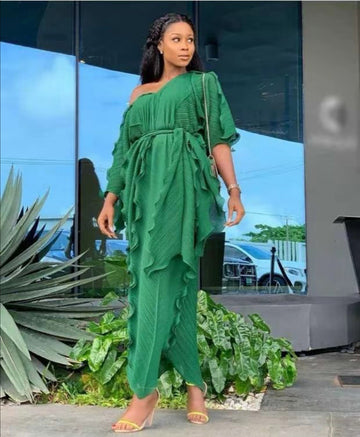 Pleated Ruffle-Trim Maxi Caftan with Self-Tie Waist