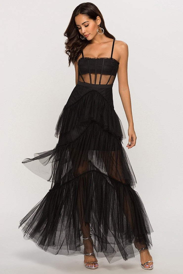 Gothic Glamour Tiered Tulle Maxi Dress