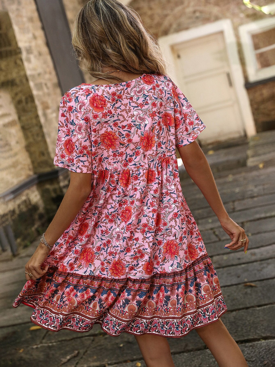 Vintage Floral Boho Mini Dress with Ruffle Hem