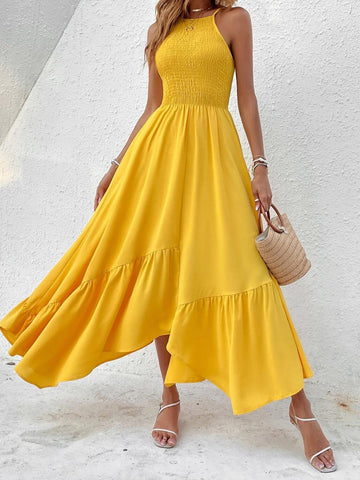 Sun-Kissed Yellow Smocked Halter Maxi Dress