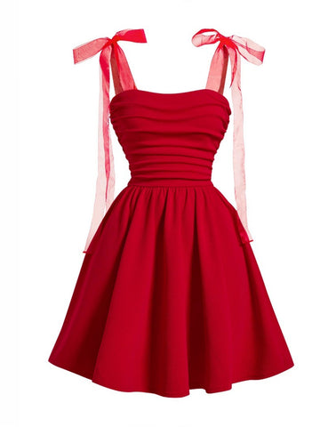 Elegant Ruched Bodice Fit-and-Flare Dress with Sheer Ribbon Straps