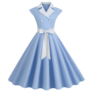 Elegant Vintage Blue Polka Dot Belted Flare Dress for Women