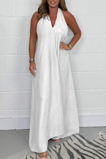 Cloud White Deep V-Neck Halter Maxi Dress