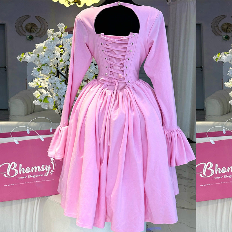 Aurora Basque Waist Midi Dress – Bubblegum Pink
