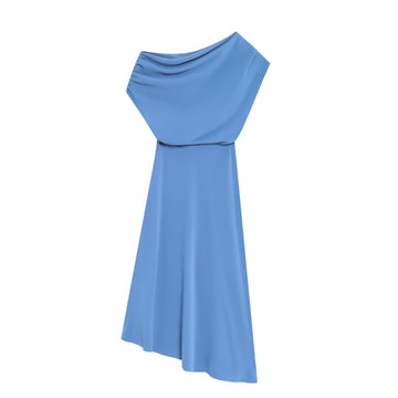 Serene Azure Draped One-Shoulder Midi Dress