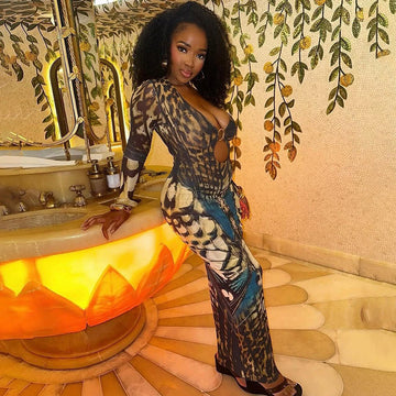 Abstract Kaleidoscope O-Ring Mesh Maxi Dress