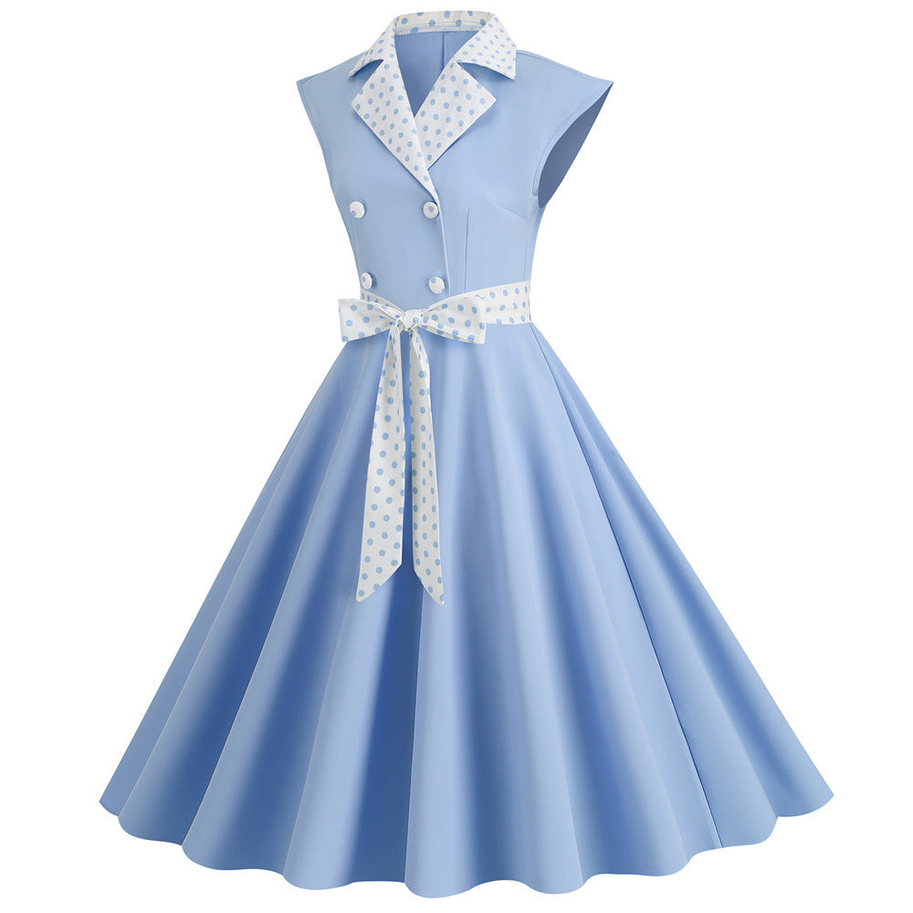 Elegant Vintage Blue Polka Dot Belted Flare Dress for Women
