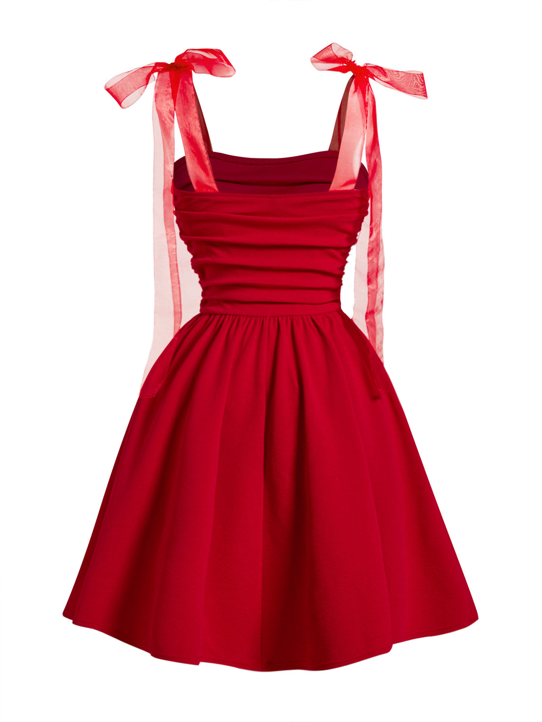 Elegant Ruched Bodice Fit-and-Flare Dress with Sheer Ribbon Straps
