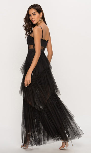 Gothic Glamour Tiered Tulle Maxi Dress