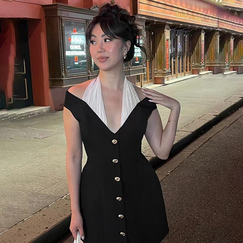 Elegant Black Off-Shoulder Halter Mini Dress with Gold Button Accents