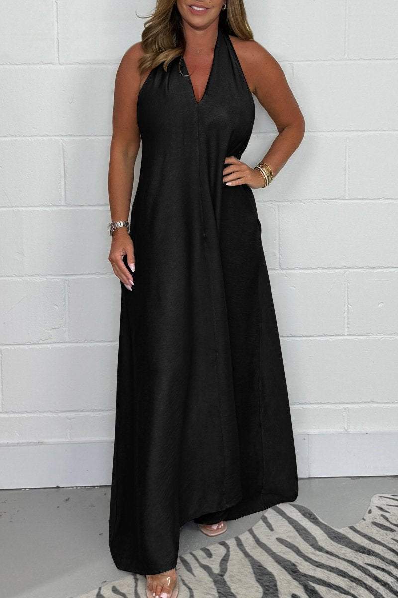 Cloud White Deep V-Neck Halter Maxi Dress