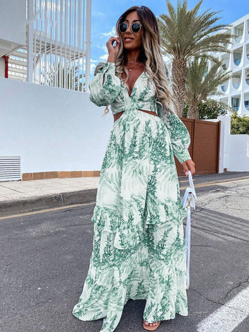 Tropical Leaf Print Cut-Out Maxi Dress with Ruffled Tiered Skirt