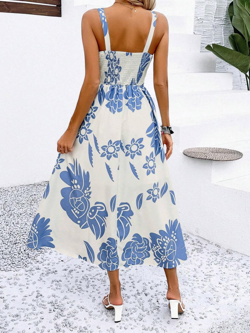 Mediterranean Blue Floral Midi Dress