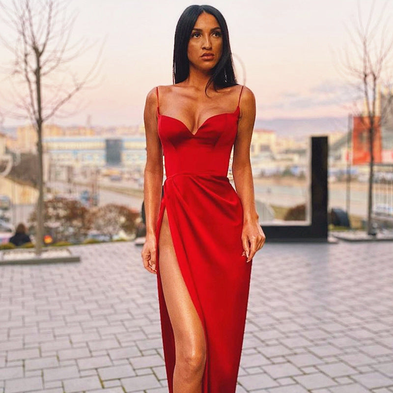 Sultry Crimson Satin Sweetheart Maxi Gown with High Slit