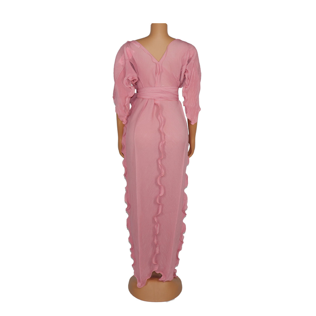 Pleated Ruffle-Trim Maxi Caftan with Self-Tie Waist