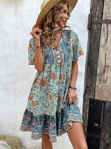 Vintage Floral Boho Mini Dress with Ruffle Hem