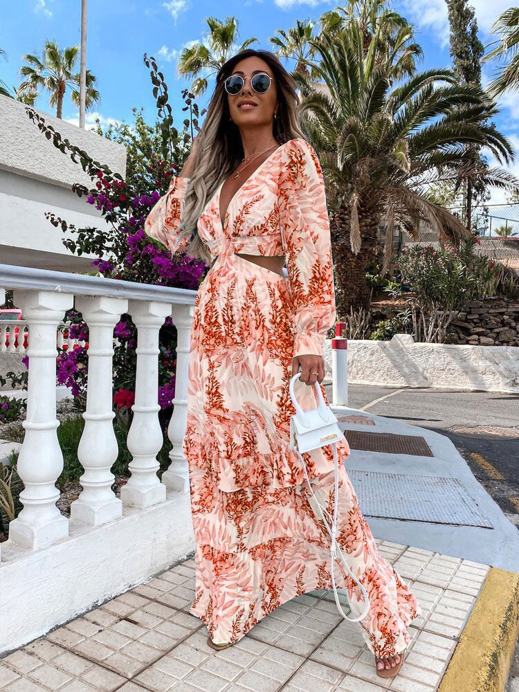 Tropical Leaf Print Cut-Out Maxi Dress with Ruffled Tiered Skirt