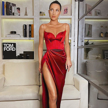 Sultry Crimson Satin Sweetheart Maxi Gown with High Slit