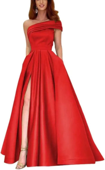 Regal One-Shoulder Pleated Ballgown