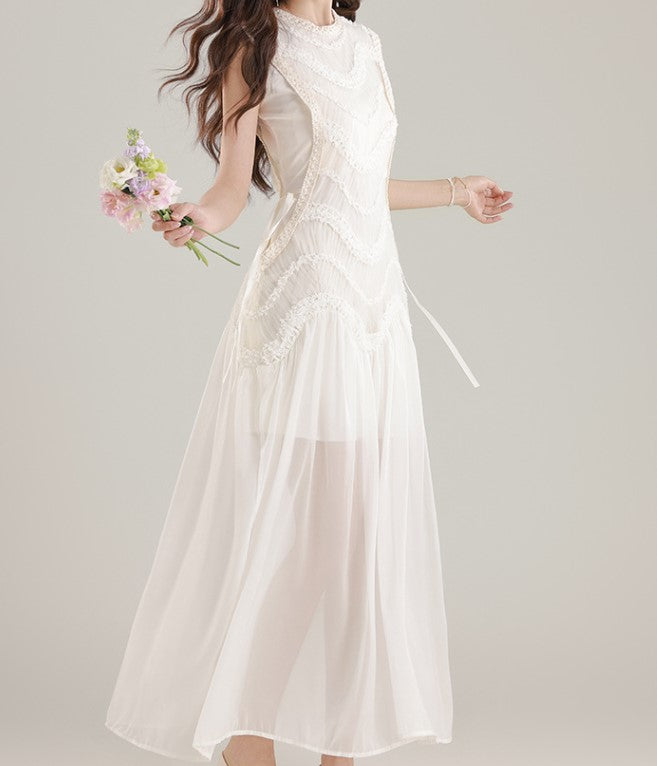 ethereal Ivory Scalloped Lace Maxi Dress with Sheer Overlays