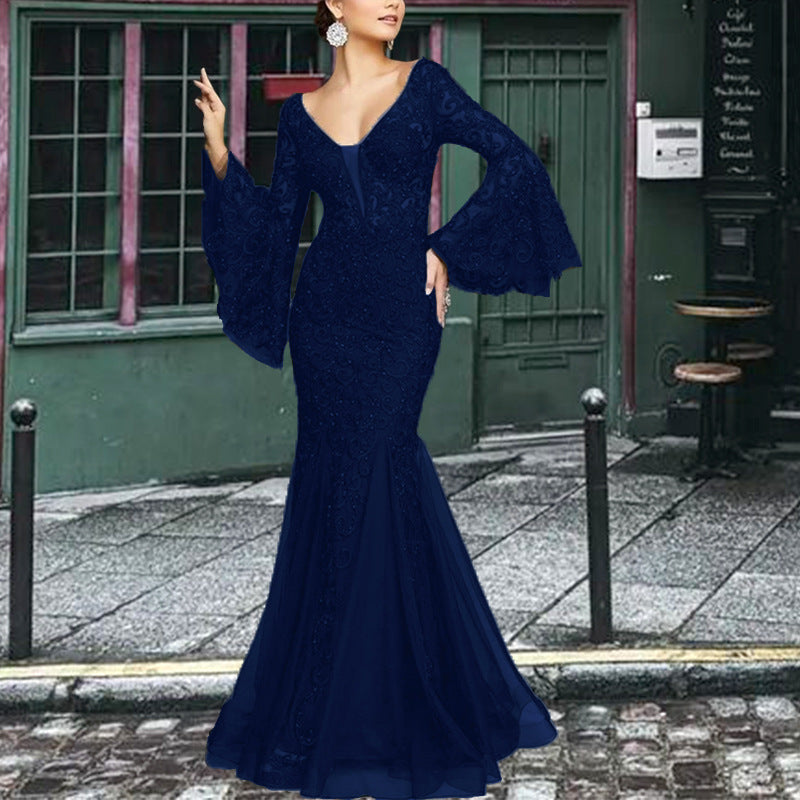 Genevieve Bell-Sleeve Lace Mermaid Gown