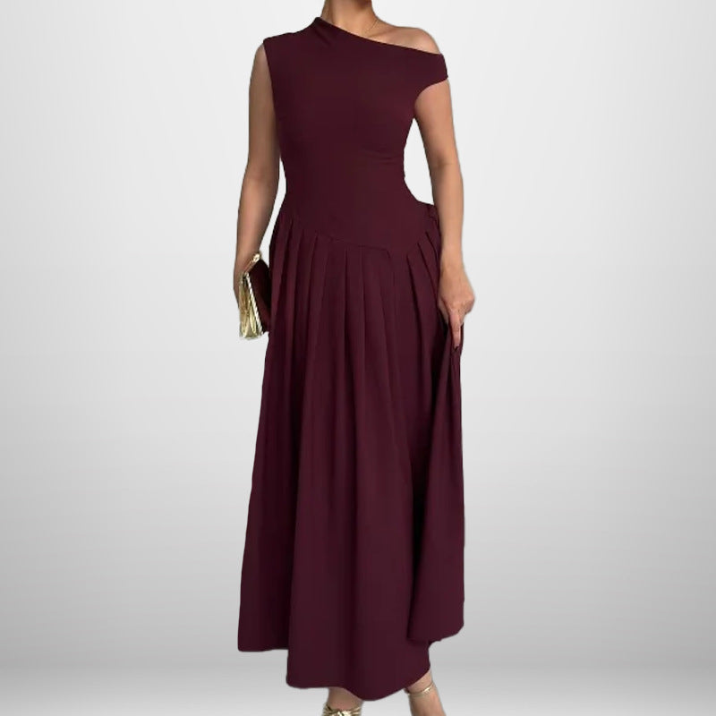 Helena Asymmetrical Drop-Waist Maxi Dress – Deep Plum
