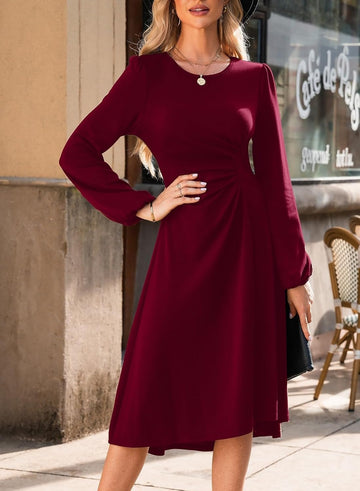 Parisian Chic Ruched Waist Midi Dress in Deep Burgundy