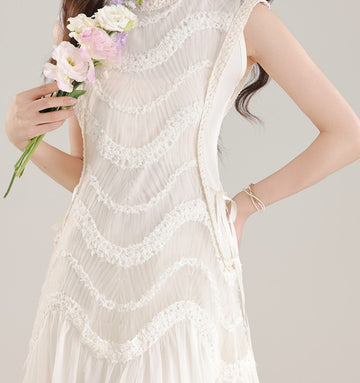 ethereal Ivory Scalloped Lace Maxi Dress with Sheer Overlays