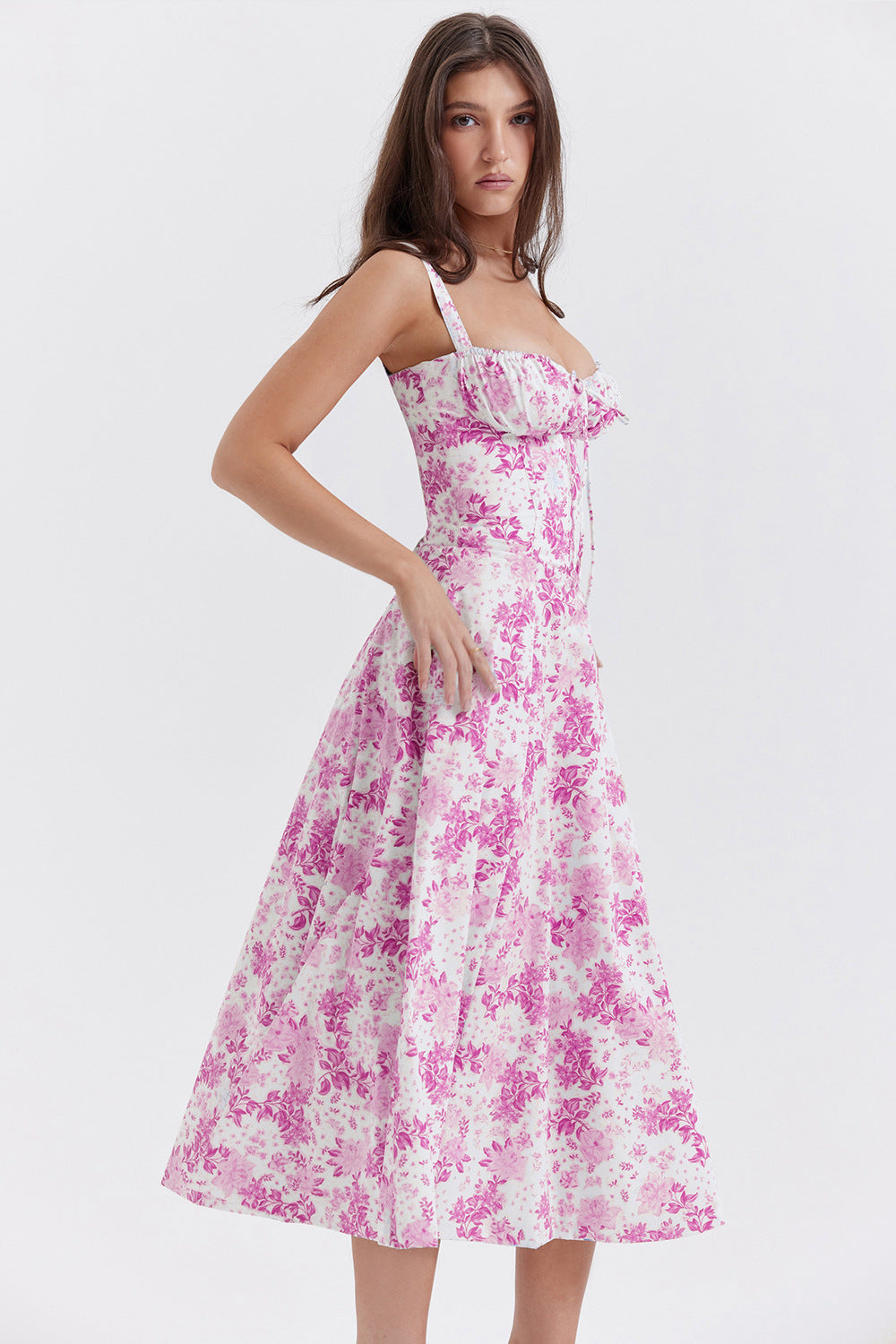 Vintage-Inspired Floral Corset Midi Dress with Thigh Slit