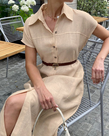 Tailored Linen-Blend Button-Down Midi Shirtdress