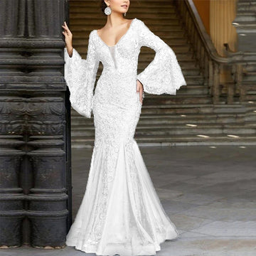 Genevieve Bell-Sleeve Lace Mermaid Gown