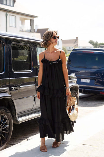 Tiered Ruffle Cotton Maxi Dress in Jet Black