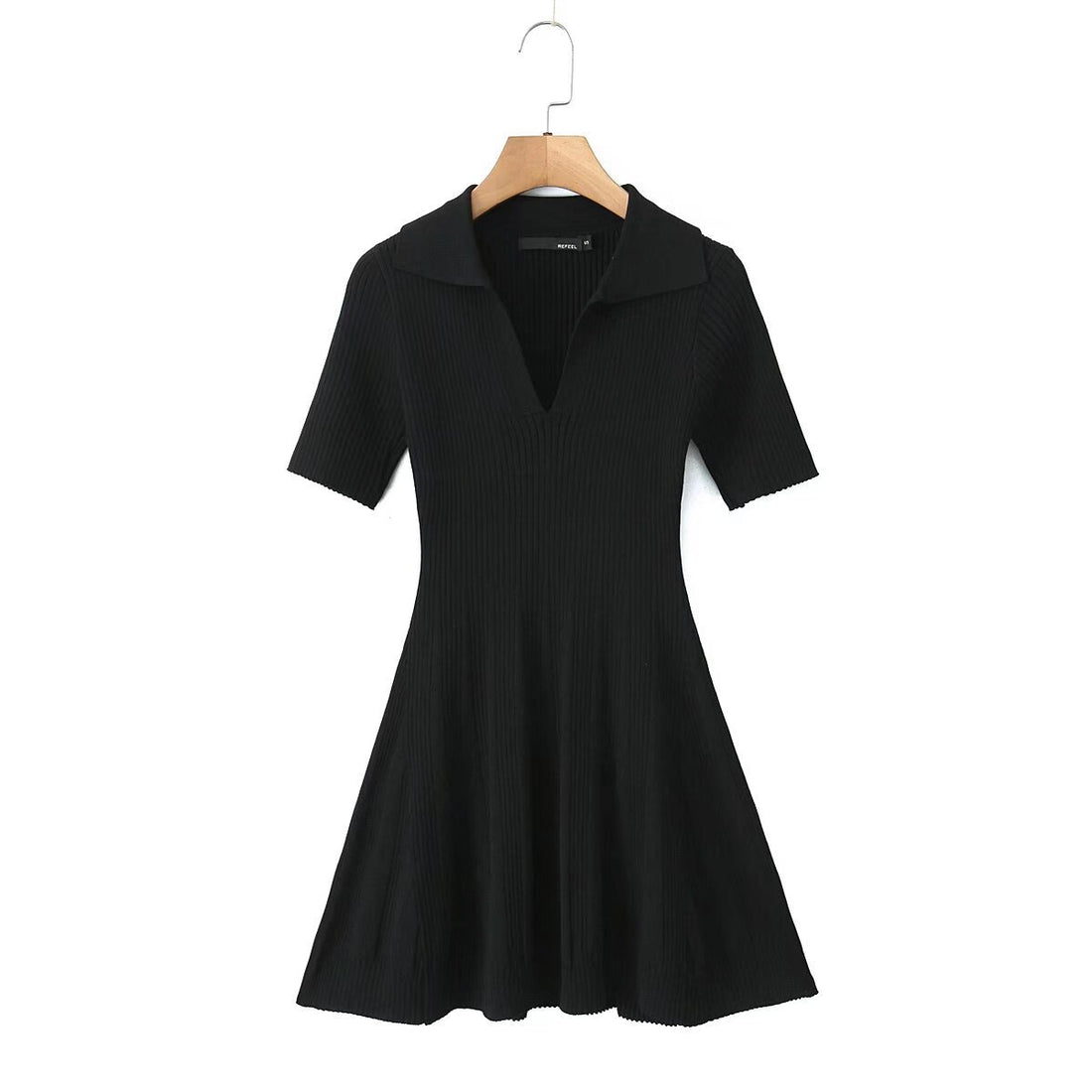 Rib-Knit Short Sleeve Polo Mini Dress with V-Neckline