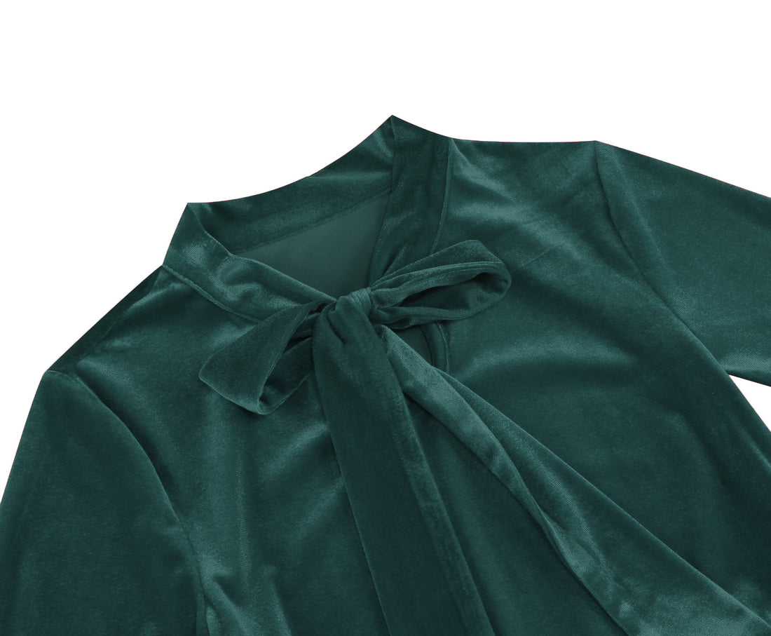 Vintage-Inspired Scarlet Velvet Bow-Neck Midi Dress